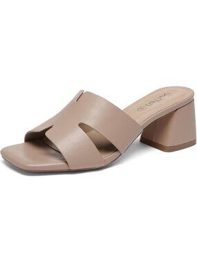 Women's Nude Square Open Toe Sandals Low Block Chunky Heels Slip on Casual Shoes